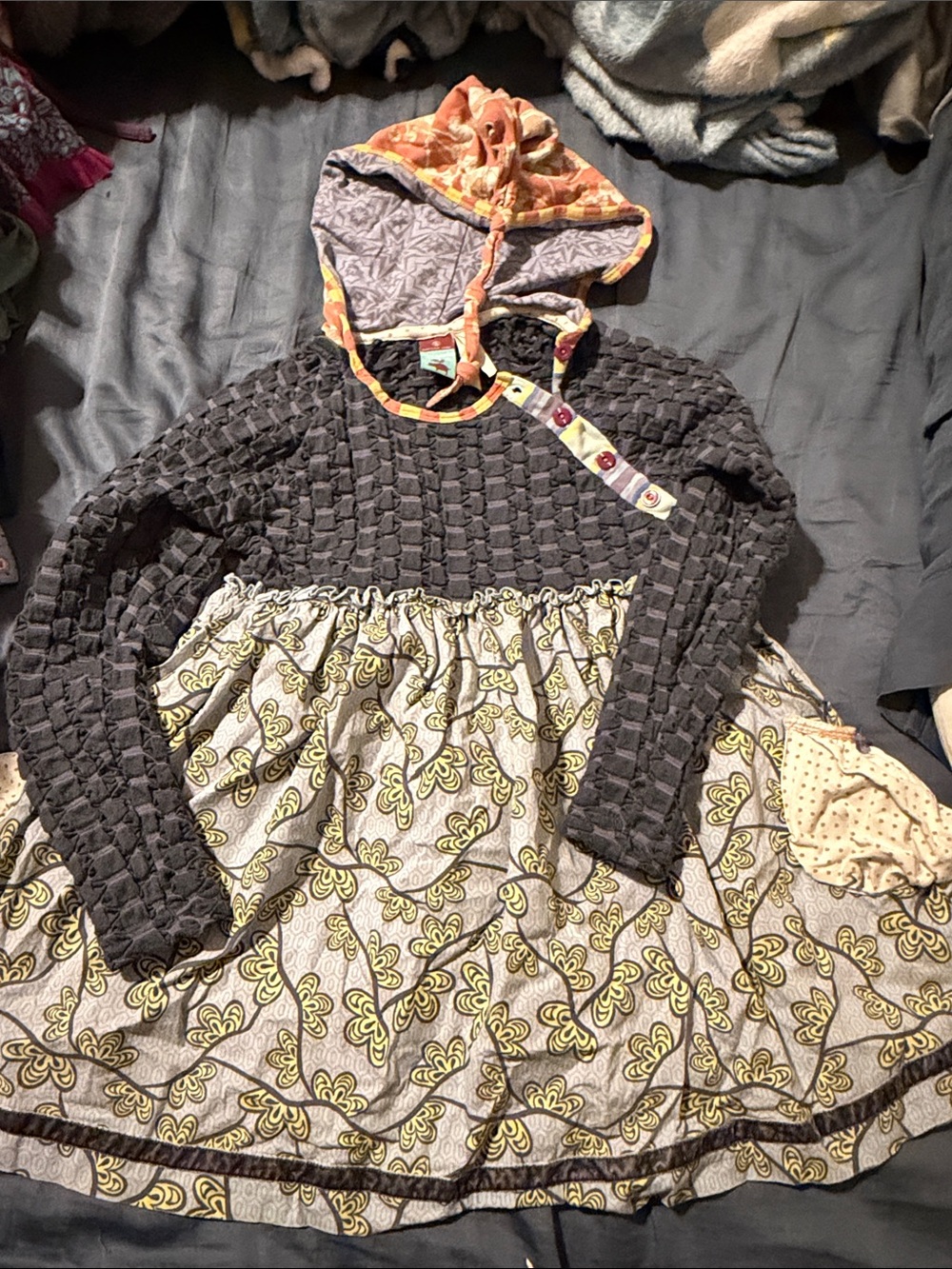 Matilda Jane Charcoal Knit Hooded Dress with Yellow Floral Skirt